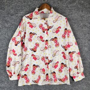 Nylon Apparel Shirt Womens Cowboy Boot Hat Print Button Down White Pink Medium